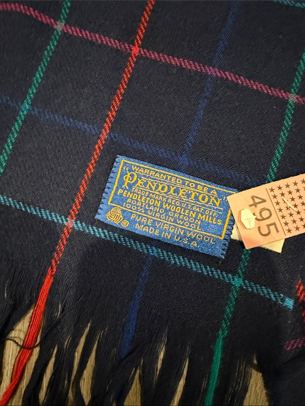 Pendleton Navy Wool Windowpane Scarf with Red & Teal Stripes - Picture 2 of 2